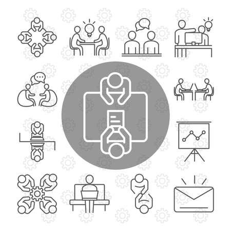 coworking office business workspace, coworkers working laptop or computer, line icons design vector illustrationのイラスト素材