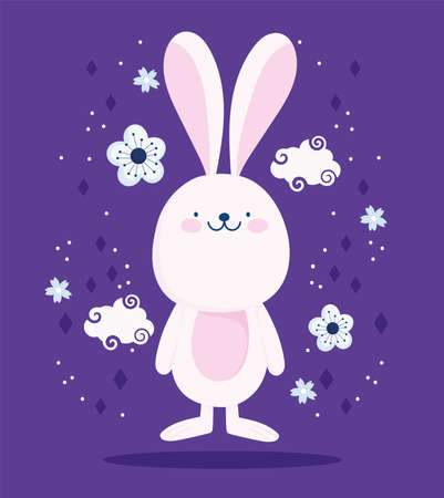 cute pink rabbit clouds flowers cartoon decoration vector design and illustrationのイラスト素材