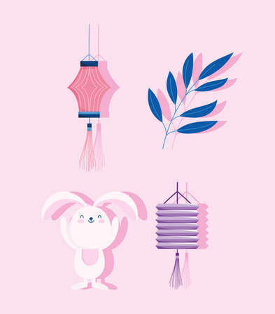 happy mid autumn festival, rabbit lantern branch decoration, blessings and happiness vector illustrationのイラスト素材