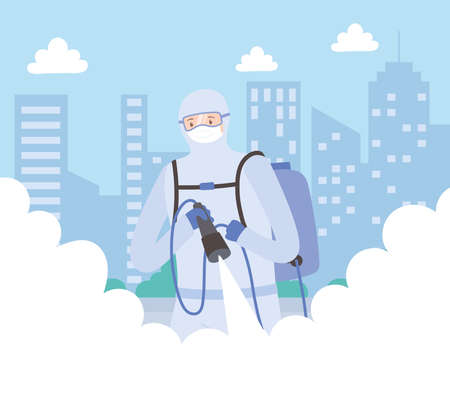 virus disinfection, medical man in hazmat suit cleaning and disinfecting, covid 19 coronavirus, preventive measure vector illustrationのイラスト素材