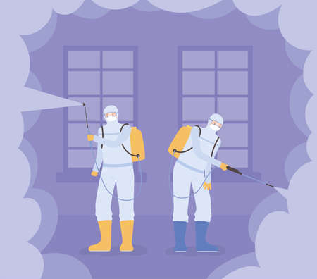 virus disinfection, workers with spray to cleaning and decontamination, covid 19 coronavirus, preventive measure vector illustrationのイラスト素材