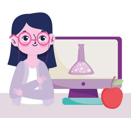 happy teachers day, teacher computer chemistry flask and apple vector illustrationのイラスト素材