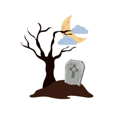happy halloween, tombstone ground dry tree nihgt moon clouds, trick or treat celebration flat icon style vector illustrationのイラスト素材