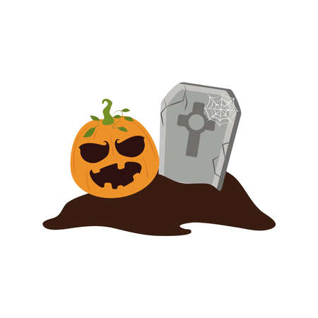 happy halloween, pumpkin tombstone ground trick or treat celebration flat icon style vector illustrationのイラスト素材