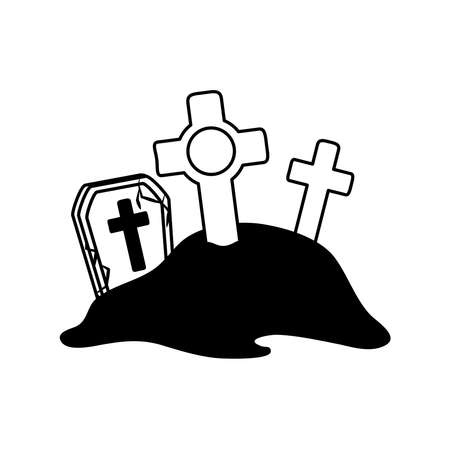 happy halloween, cemetery gravestones crosses ground trick or treat celebration line icon style vector illustrationのイラスト素材