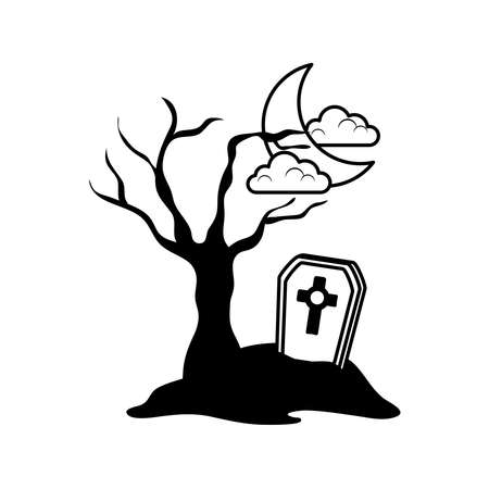 happy halloween, tombstone ground dry tree nihgt moon clouds, trick or treat celebration line icon style vector illustrationのイラスト素材