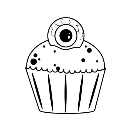 happy halloween, creepy sweet cupcake with eye trick or treat celebration line icon style vector illustrationのイラスト素材
