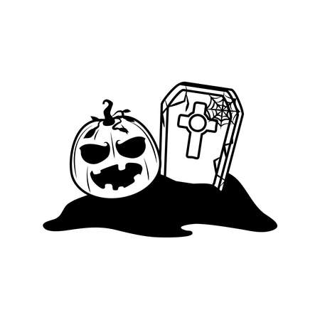 happy halloween, pumpkin tombstone ground trick or treat celebration line icon style vector illustrationのイラスト素材