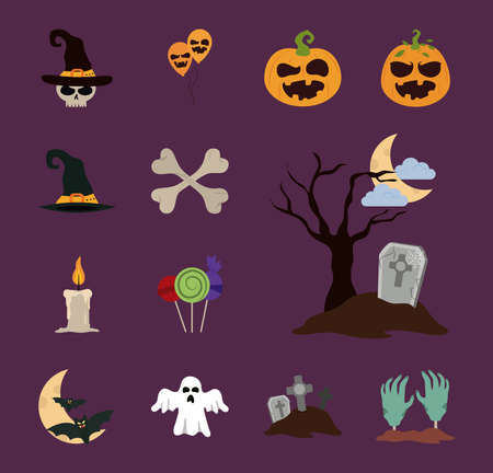 happy halloween, trick or treat celebration decoration party flat icons style vector illustrationのイラスト素材