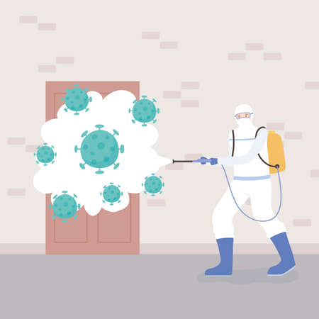 virus disinfection, man in hazmat suit cleaning and disinfecting coronavirus cells pandemic, preventive measure vector illustrationのイラスト素材