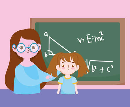 happy teachers day, teacher and student girl blackboard with lesson maths vector illustrationのイラスト素材