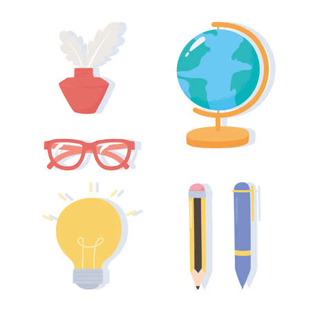 international literacy day, school map ink glasses pen pencils icons vector illustrationのイラスト素材