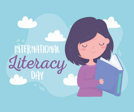 international literacy day, happy girl reading textbook education vector illustrationのイラスト素材