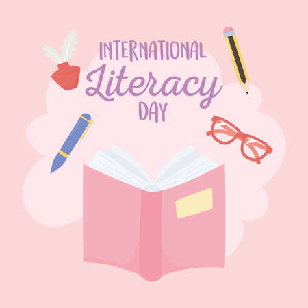 international literacy day, textbook glasses pen pencil and ink vector illustrationのイラスト素材