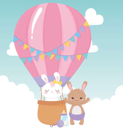 baby shower, cute bunnies in the air balloon cartoon, celebration welcome newborn vector illustrationのイラスト素材