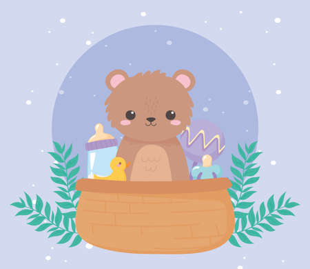 baby shower, teddy bear rattle pacifier in basket cartoon, celebration welcome newborn vector illustrationのイラスト素材