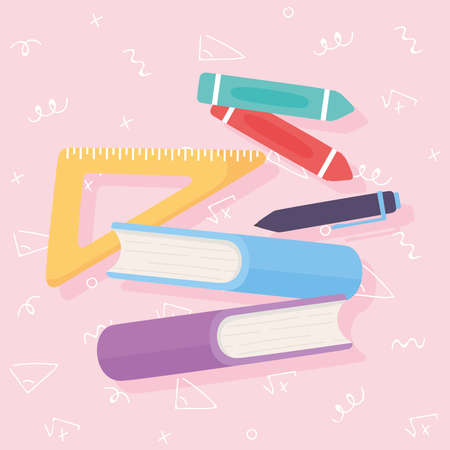 school supplies crayons pen triangle ruler and books vector illustrationのイラスト素材