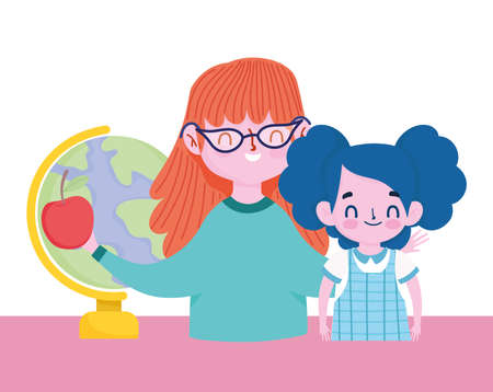 happy teachers day, teacher and student girl school map and apple vector illustrationのイラスト素材