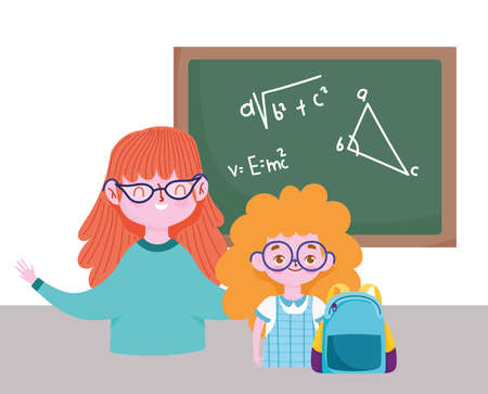 happy teachers day, teacher and student girl bag and blackboard vector illustrationのイラスト素材
