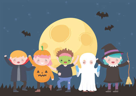 happy halloween, costume characters mummy pumpkin ghost dracula witch zombie, party celebration vector illustrationのイラスト素材