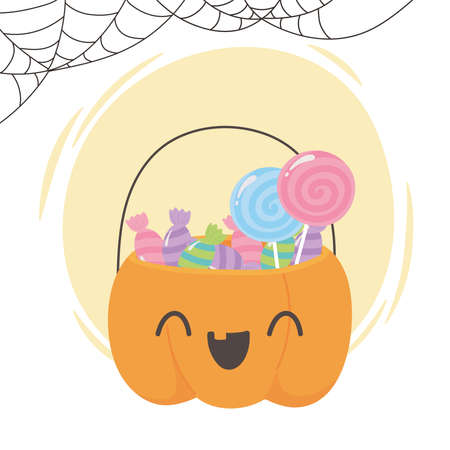 happy halloween, cute pumpkin shaped basket with candies, trick or treat party celebration vector illustrationのイラスト素材