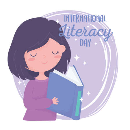 international literacy day, knowledge girl reading book in hands vector illustrationのイラスト素材