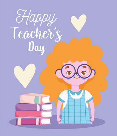 happy teachers day, blonde student girl cartoon with books vector illustrationのイラスト素材