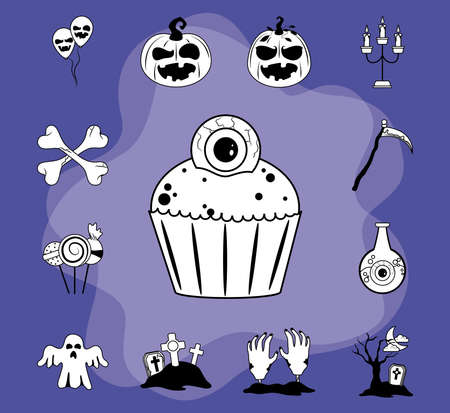 happy halloween, scary trick or treat celebration party flat icons style purple vector illustrationのイラスト素材