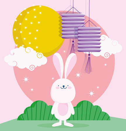 happy mid autumn festival, cute bunny lanterns moon clouds cartoon, blessings and happiness vector illustrationのイラスト素材