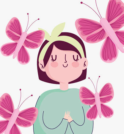 breast cancer awareness month cartoon woman flying butterflies background vector illustrationのイラスト素材