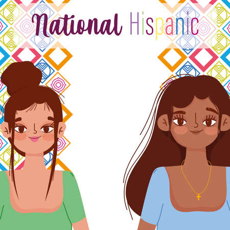 national hispanic heritage month, two women portrait cartoon, geometric color background vector illustrationのイラスト素材