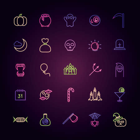 happy halloween, trick or treat party celebration neon icons set dark background vector illustrationのイラスト素材
