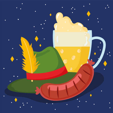 oktoberfest festival, sausage beer with foam and hat, celebration germany traditional vector illustrationのイラスト素材