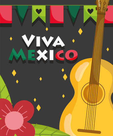 mexican independence day, guitar flowers and pennants decoration, viva mexico is celebrated on september vector illustrationのイラスト素材