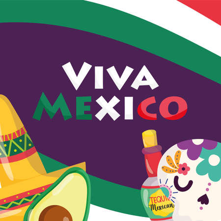 mexican independence day, avocado skull and tequila, viva mexico is celebrated on september vector illustrationのイラスト素材