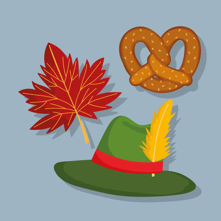 oktoberfest festival, germany hat pretzel and leaf autumn, celebration traditional vector illustrationのイラスト素材