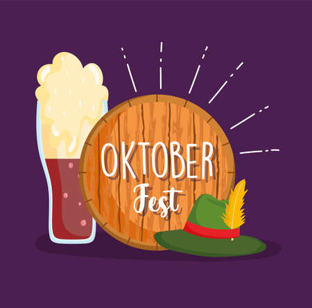 oktoberfest festival, beer hat with feather and wooden banner, celebration germany traditional vector illustrationのイラスト素材