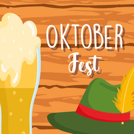 oktoberfest festival, cold beer and hat wooden background, celebration germany traditional vector illustrationのイラスト素材
