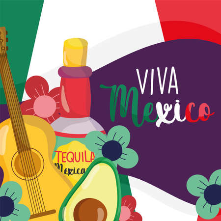 mexican independence day, tequila guitar avocado flowers flag background, viva mexico is celebrated on september vector illustrationのイラスト素材