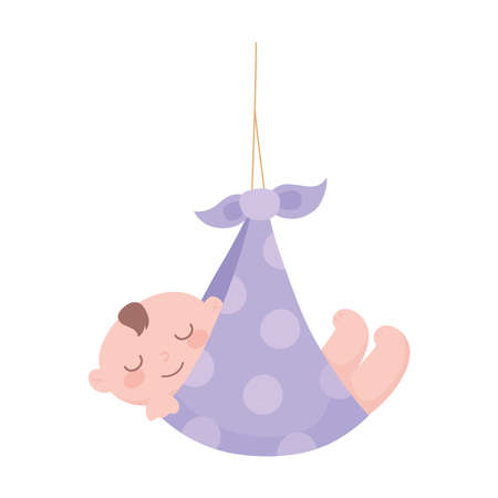 baby shower, little boy in dotted purple blanket, celebration welcome newborn vector illustrationのイラスト素材