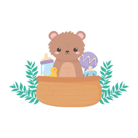 baby shower, teddy bear rattle pacifier in basket cartoon, celebration welcome newborn vector illustrationのイラスト素材