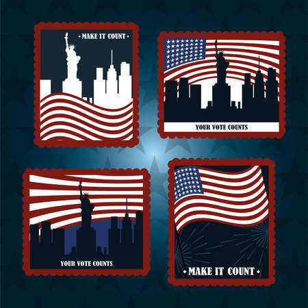 set post stamp american flags city NY your vote counts, politics voting and elections USA, make it count vector illustrationのイラスト素材