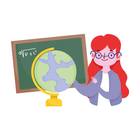happy teachers day, teacher with chalkboard and globe map school vector illustrationのイラスト素材
