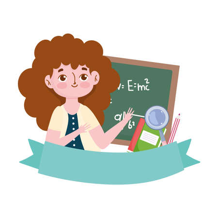 happy teachers day, teacher blackboard book and magnifier cartoon vector illustrationのイラスト素材