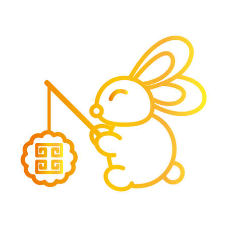 happy mid autumn festival, cute rabbit with lantern cartoon, gradient style icon vector illustrationのイラスト素材