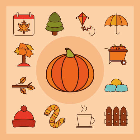 autumn season weather line and fill icons set background vector illustrationのイラスト素材