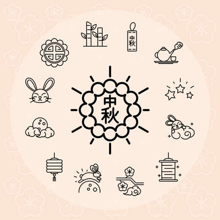 happy mid autumn festival, chinese celebration traditional line style icons set vector illustrationのイラスト素材