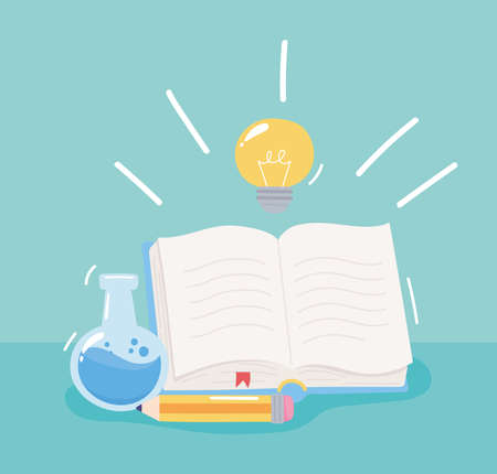 back to school, chemistry flask book and pencil, elementary education cartoon vector illustration