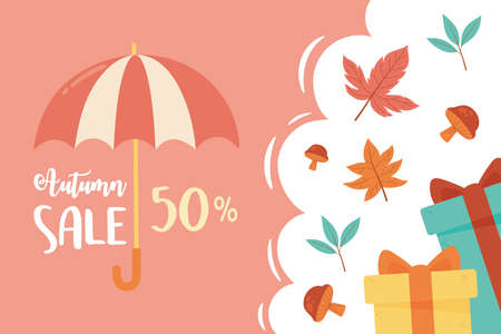 autumn sale, discount umbrella gifts and season leaves vector illustrationのイラスト素材