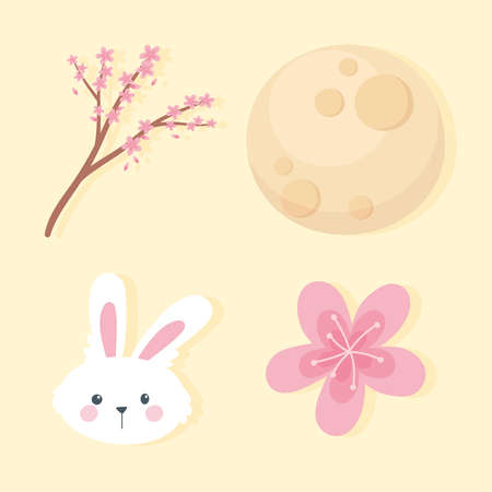 happy mid autumn festival, head rabbit sakura branch moon and flowers icons vector illustrationのイラスト素材